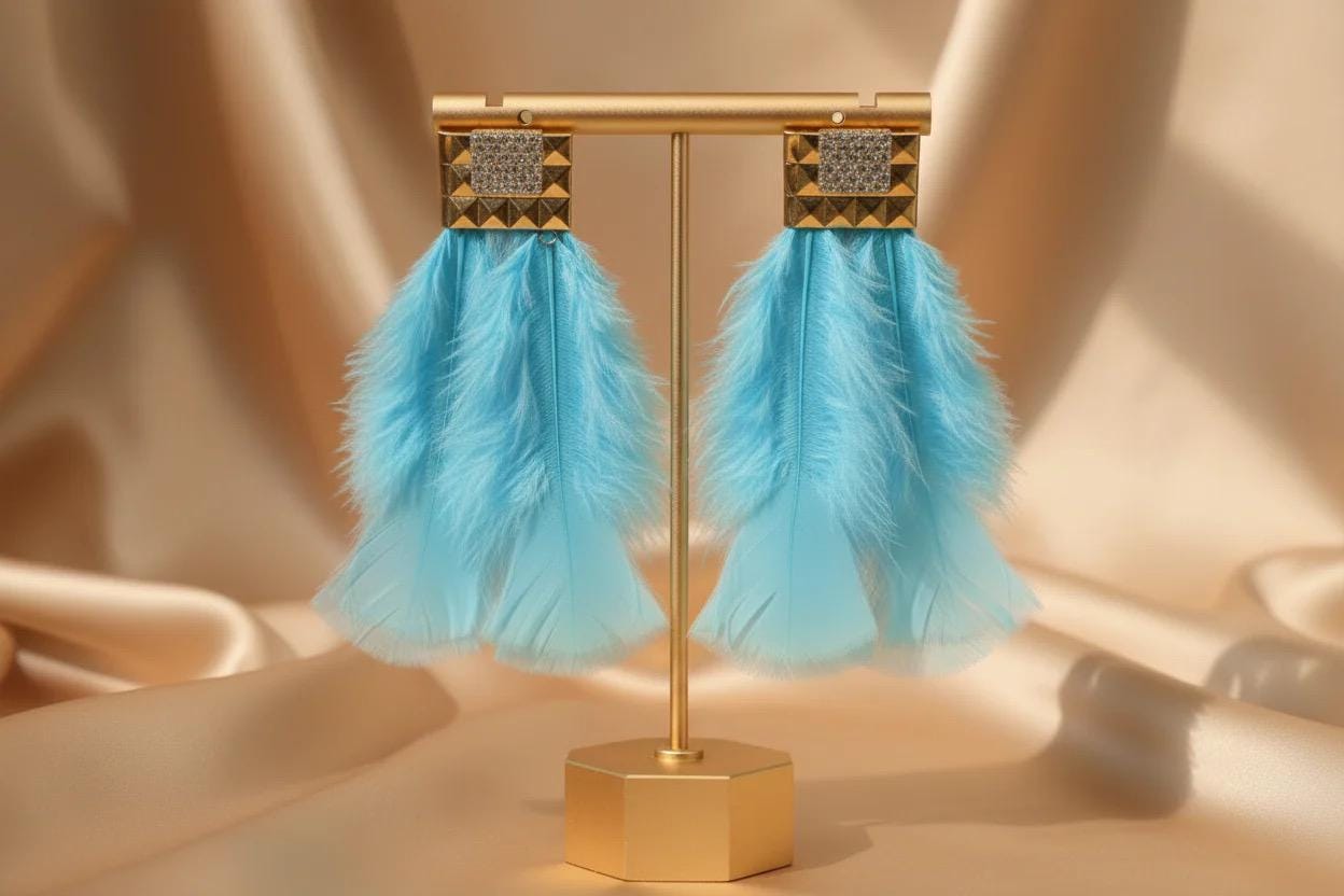 Blue Feather Earrings, Gold Stud Boho Statement, Lightweight Bridal Jewelry Gift for Her