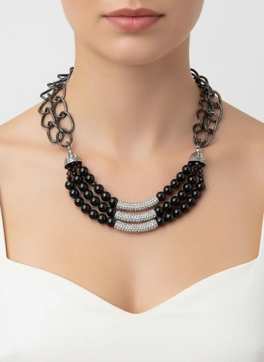 Black Hematite Fashion Necklace Multi Strand Chain Crystal Bold Necklace