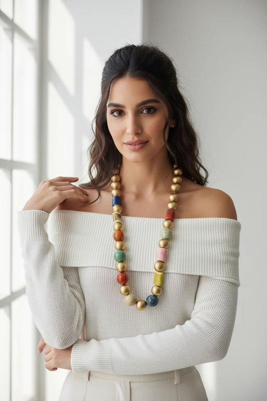 Colorful Bold Wood Beaded Necklace: Handmade Long Necklace for Work or Formal Event