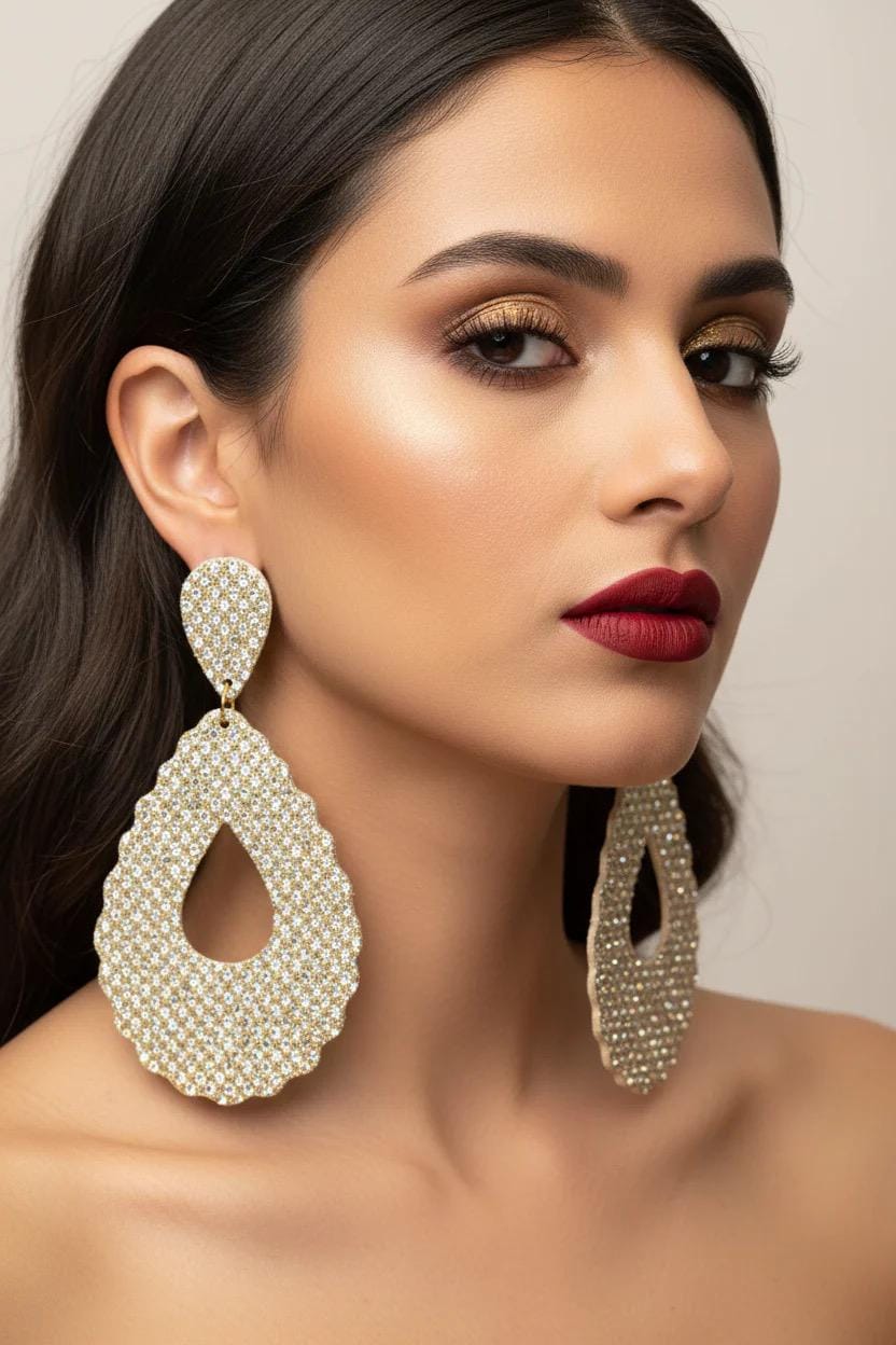 Gold Glitter Teardrop Leather Earrings: Glamorous Dangle Jewelry