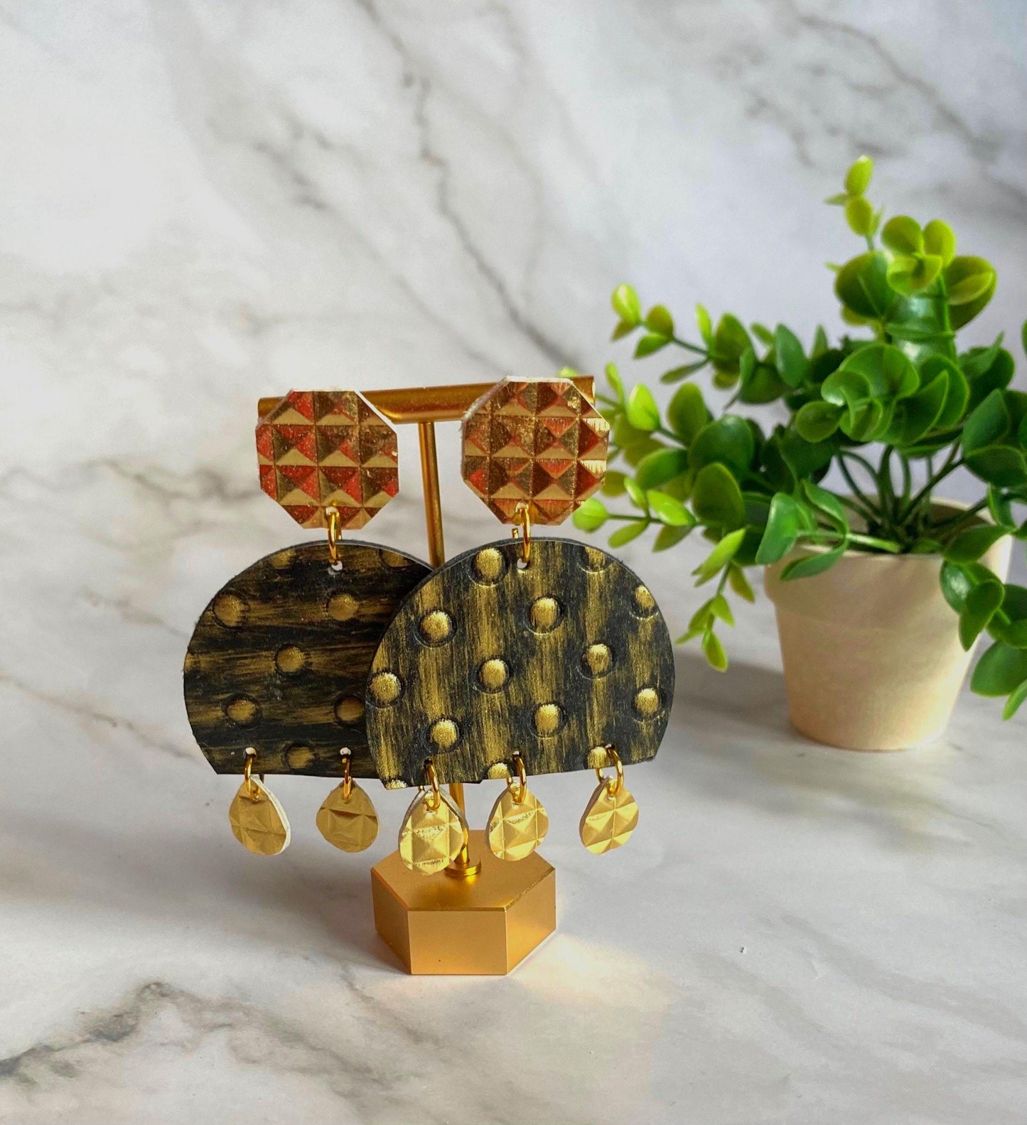 Gold Textured Leather Dangle Earrings - Spring Summer Jewelry