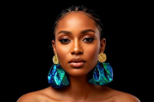 Gold Stud, Blue-Green Faux Leather Earrings for Women | Bold Trendy Fashion Jewelry