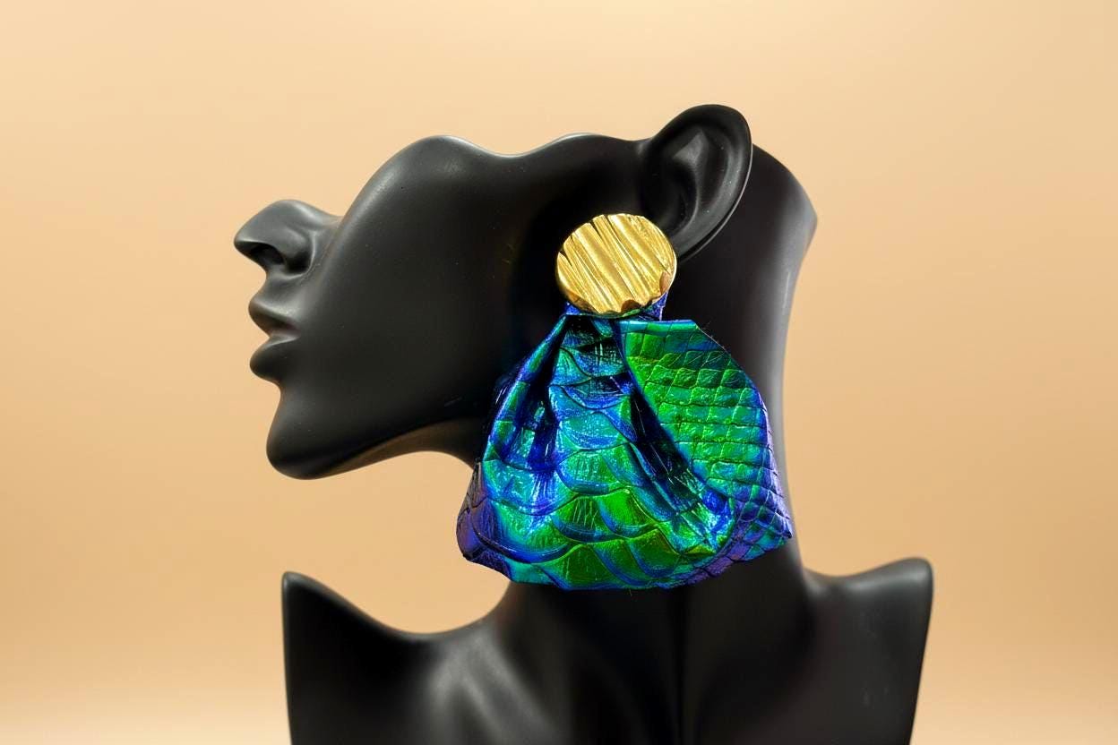 Gold Stud, Blue-Green Faux Leather Earrings for Women | Bold Trendy Fashion Jewelry