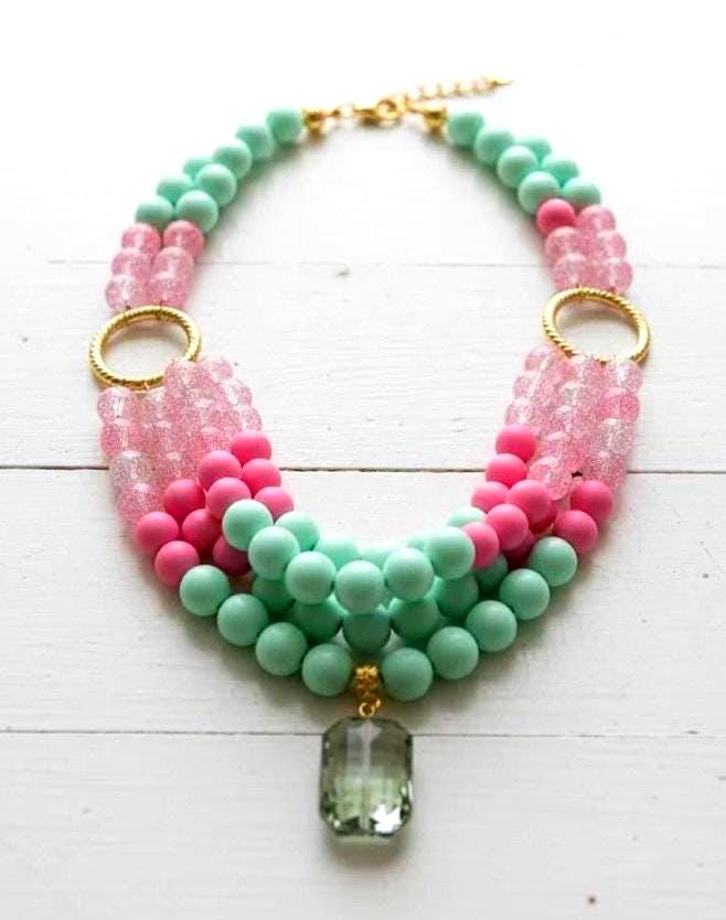 Pink & Green Beaded Necklace with Gold Rings