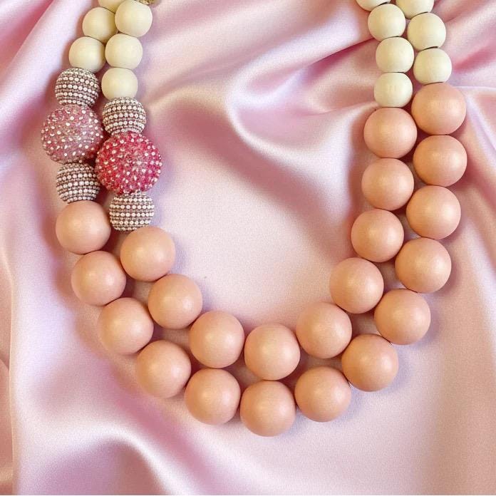 PREORDER Pink and White Wood Beaded Fashion Necklace: Chunky Statement Necklace for Women