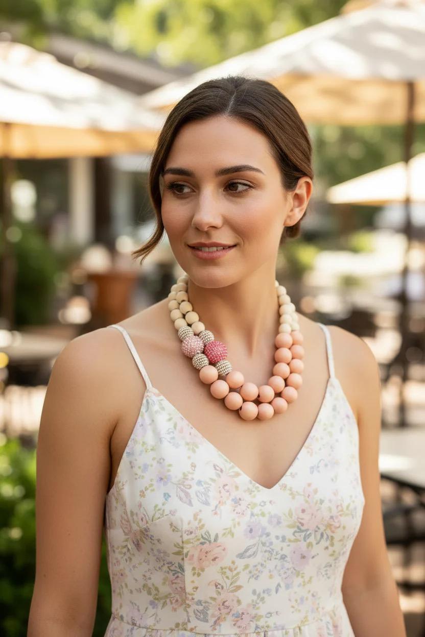 PREORDER Pink and White Wood Beaded Fashion Necklace: Chunky Statement Necklace for Women