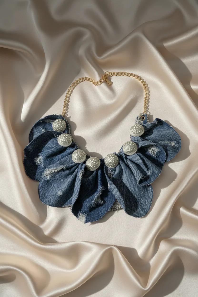 Rhinestone Denim Ruffle Necklace – Trendy Boho Statement Jewelry