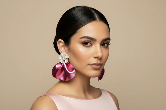 Oversized Pink Earrings with Floral Pearls: Bold Lightweight Handmade Statement Jewelry