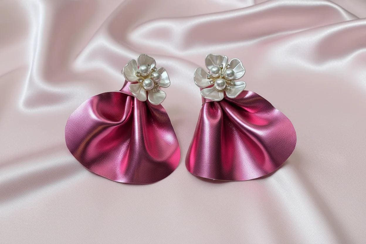 Oversized Pink Earrings with Floral Pearls: Bold Lightweight Handmade Statement Jewelry