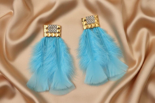 Blue Feather Earrings, Gold Stud Boho Statement, Lightweight Bridal Jewelry Gift for Her
