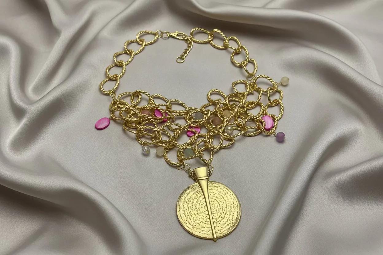 Chunky Gold Chain Necklace with Large Tribal Pendant: Fashion Statement Necklace