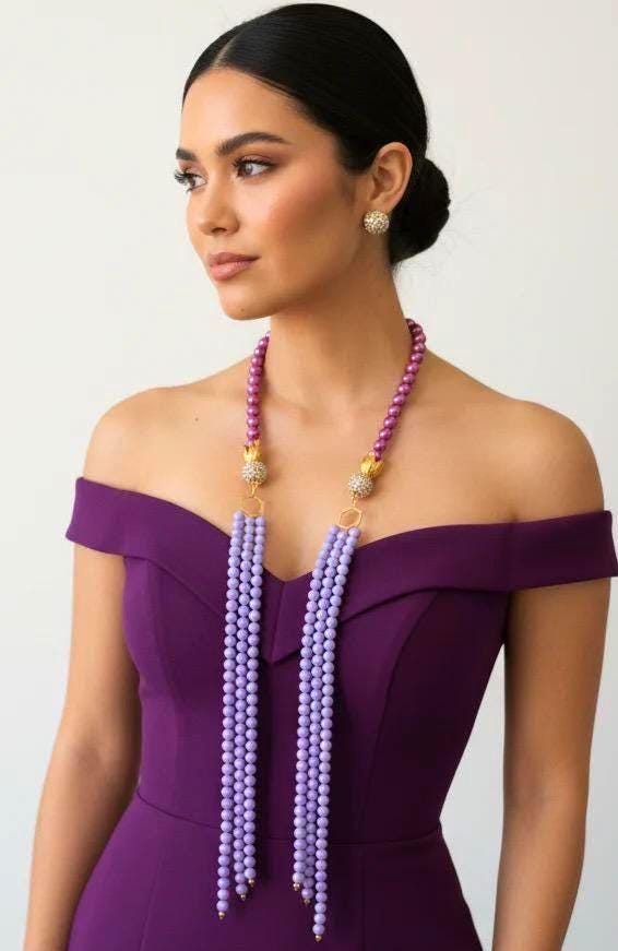 Amethyst Cascade Collection: Luxury Purple Beaded Lariat Statement Necklace Set With Crystal Accents