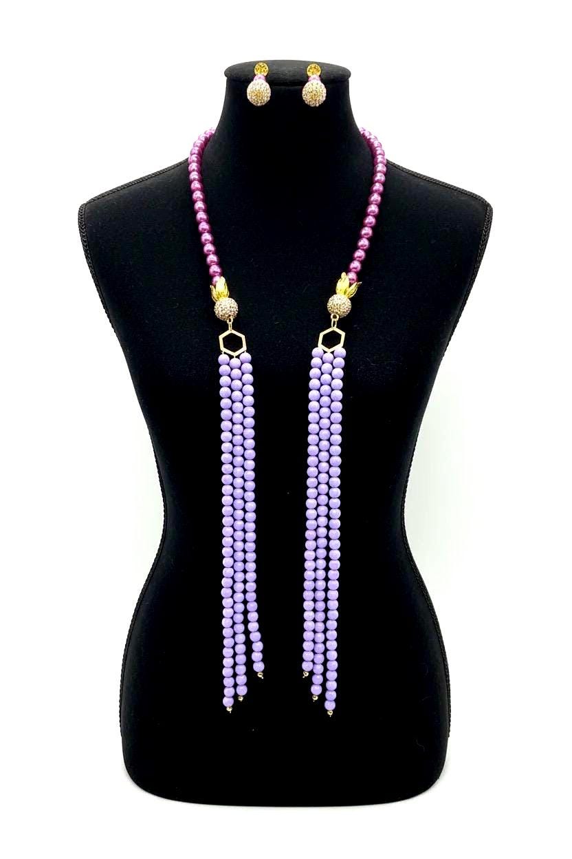 Amethyst Cascade Collection: Luxury Purple Beaded Lariat Statement Necklace Set With Crystal Accents