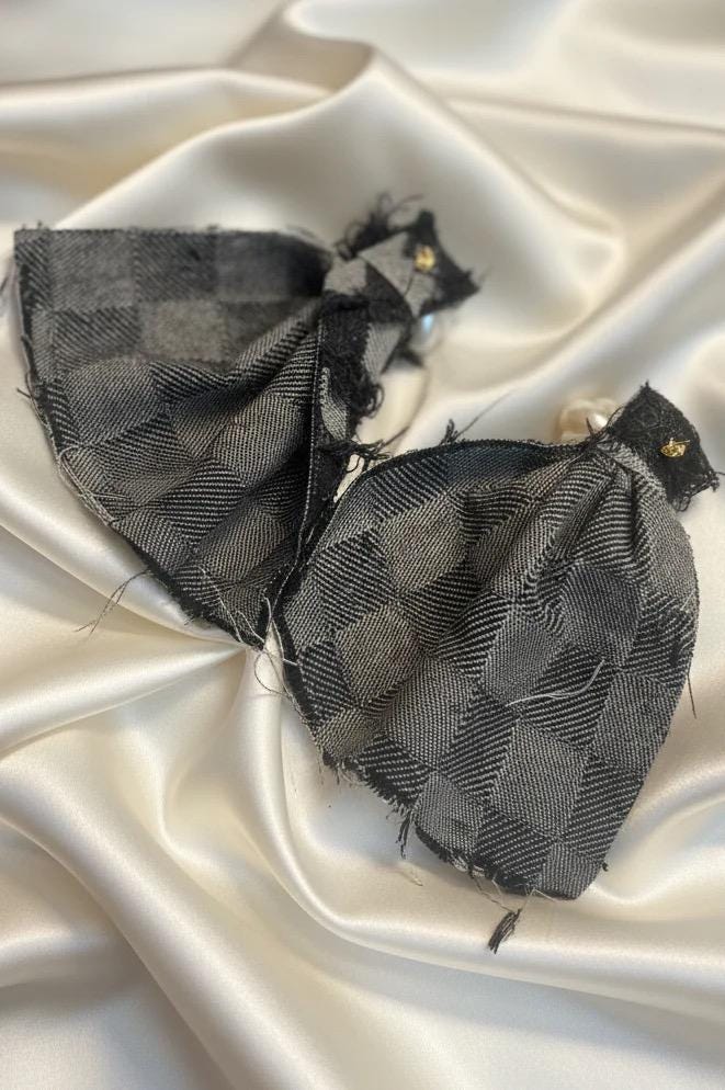 Checkered Denim Pearl Earrings: Black Statement Earrings
