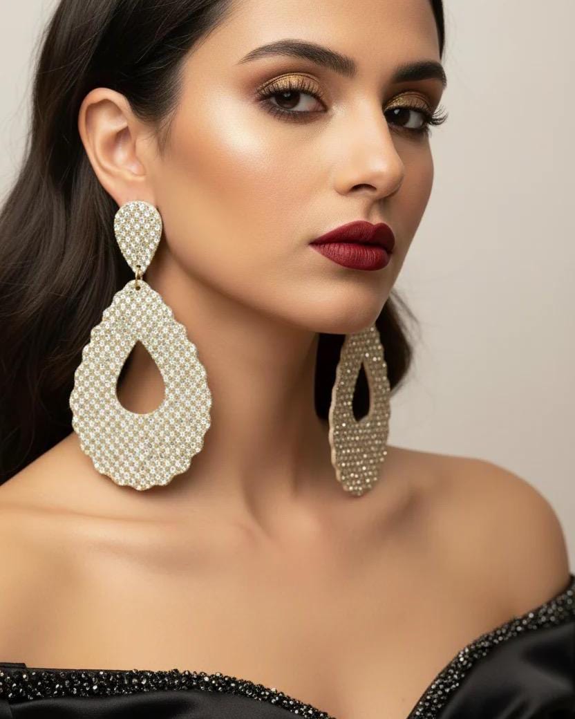 Gold Glitter Teardrop Leather Earrings: Glamorous Dangle Jewelry