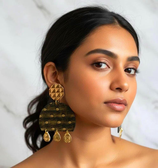 Gold Textured Leather Dangle Earrings - Spring Summer Jewelry