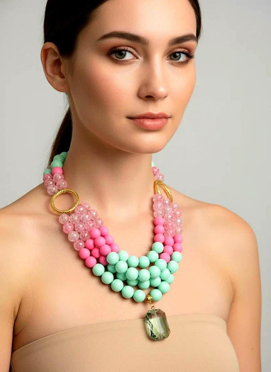 Pink & Green Beaded Necklace with Gold Rings