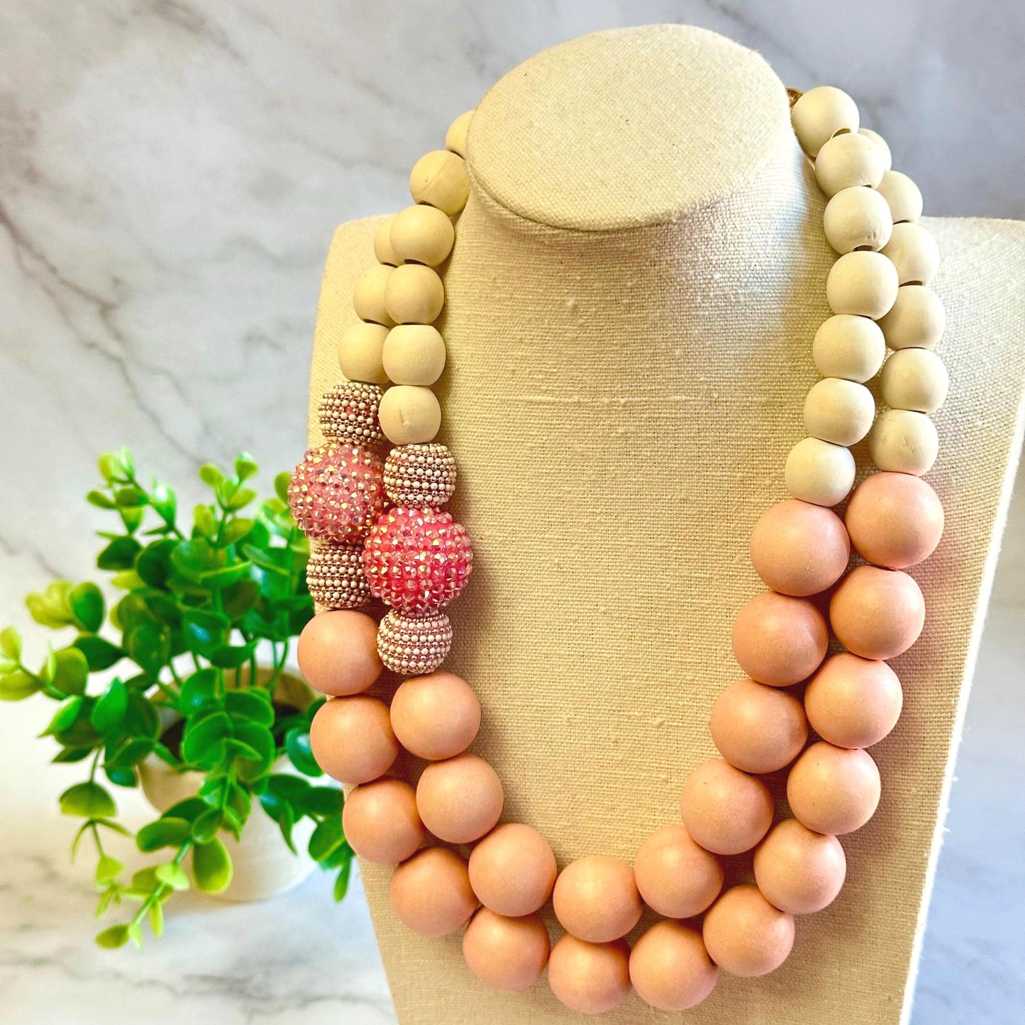 PREORDER Pink and White Wood Beaded Fashion Necklace: Chunky Statement Necklace for Women