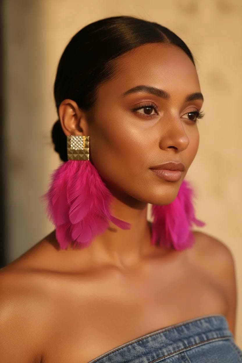 Pink Statement Lightweight Feather Earrings, Bold Spring Summer Jewelry