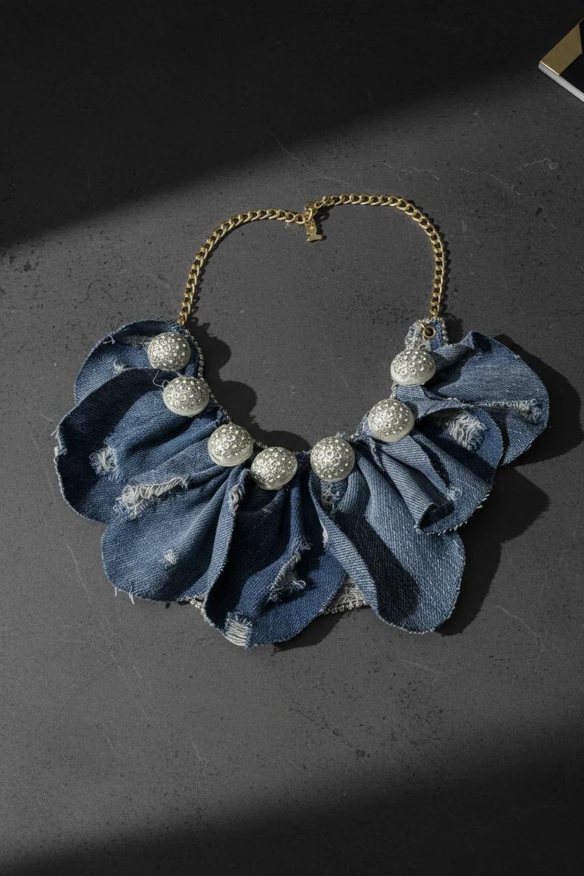 Rhinestone Denim Ruffle Necklace – Trendy Boho Statement Jewelry