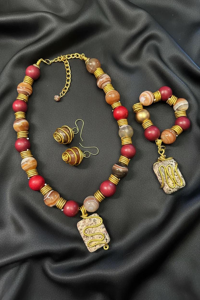 Luxury Artisan Agate Bold Chunky Jewelry Set | Red Statement Necklace, Bracelet & Earrings