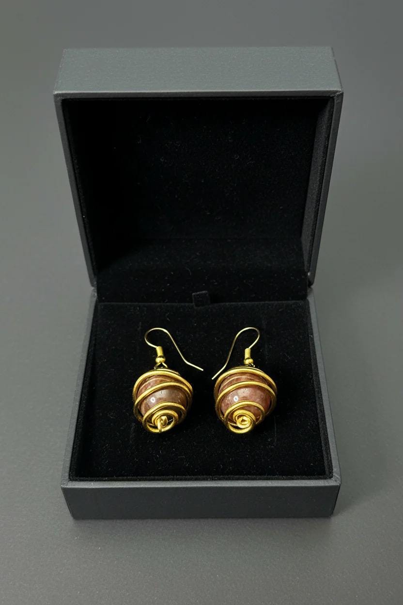 Artisan Agate Spiral Cage Earrings Gold Wire Wrapped Statement Jewelry