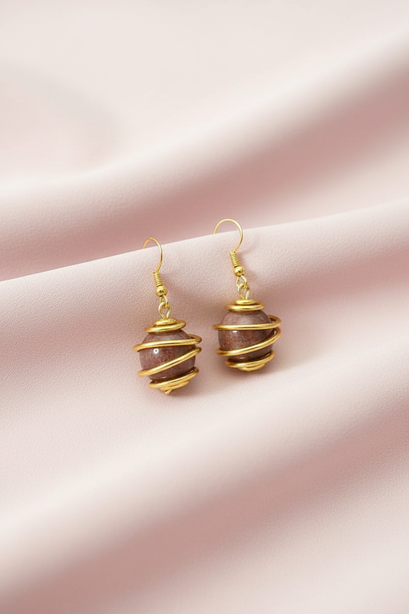 Artisan Agate Spiral Cage Earrings Gold Wire Wrapped Statement Jewelry