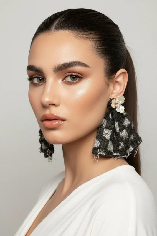 Checkered Denim Pearl Earrings: Black Statement Earrings