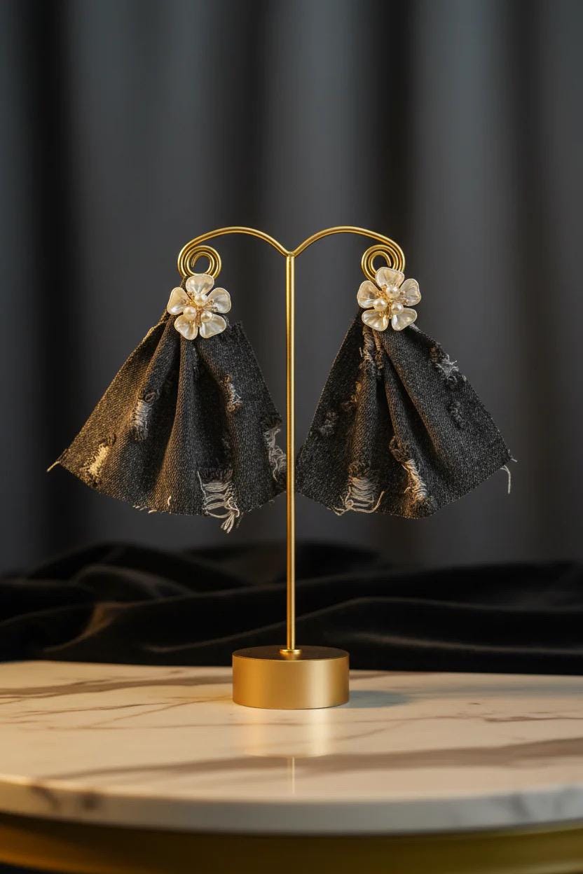 Denim Fringe Flower Statement Earrings | Handmade Boho Luxe Dangles