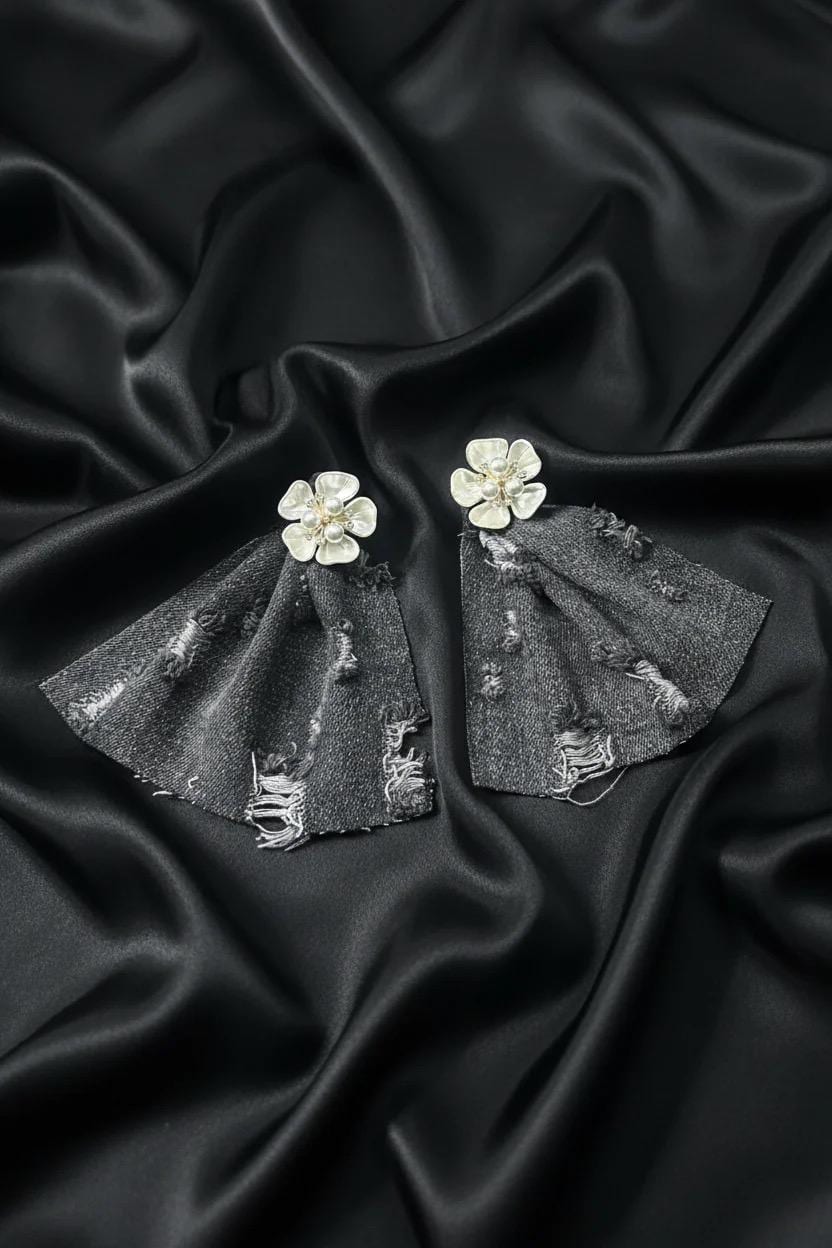 Denim Fringe Flower Statement Earrings | Handmade Boho Luxe Dangles