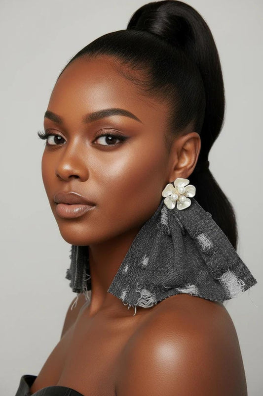 Denim Fringe Flower Statement Earrings | Handmade Boho Luxe Dangles