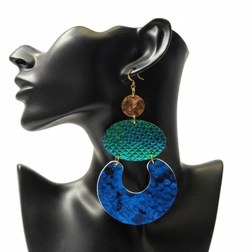 Blue Green Snakeskin Print Earrings: Long Dangle Statement Earrings