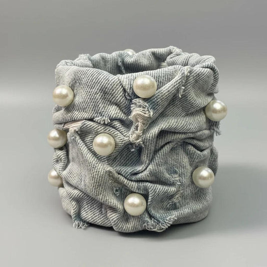 Distressed Chunky Denim Cuff with Pearls | Bold Fashion Statement Bracelet