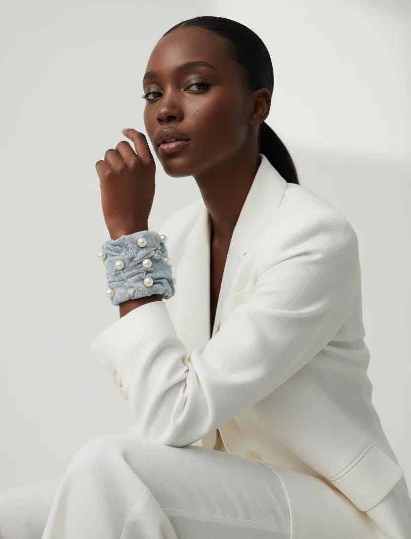 Distressed Chunky Denim Cuff with Pearls | Bold Fashion Statement Bracelet