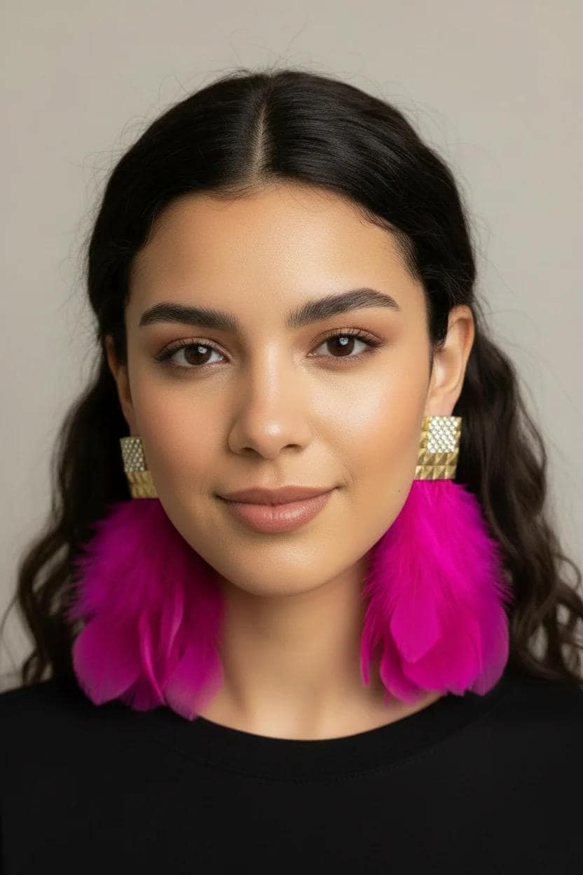 Pink Statement Lightweight Feather Earrings, Bold Spring Summer Jewelry
