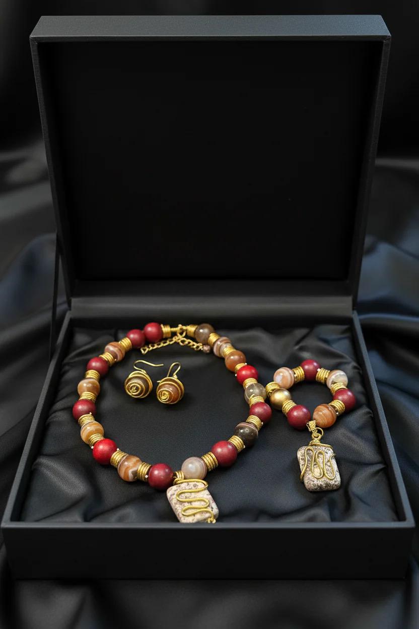 Luxury Artisan Agate Bold Chunky Jewelry Set | Red Statement Necklace, Bracelet & Earrings