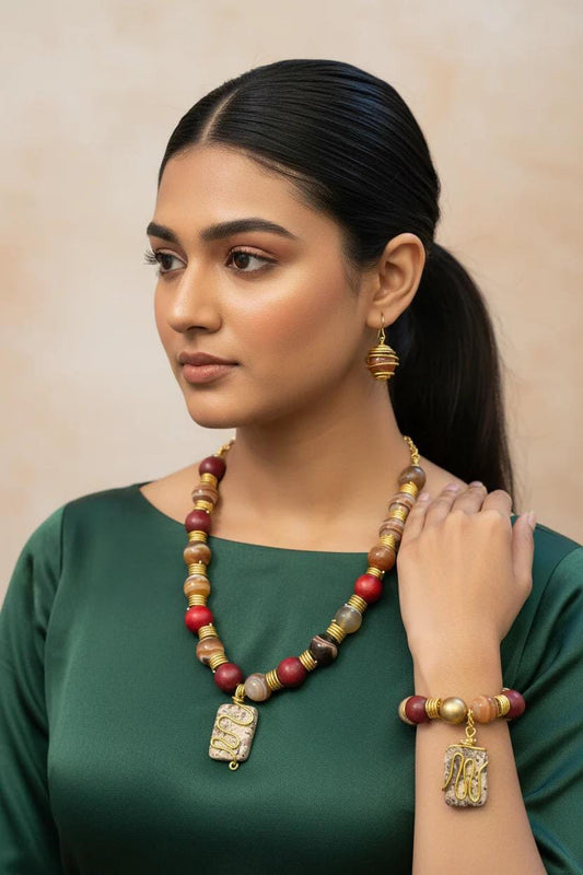 Luxury Artisan Agate Bold Chunky Jewelry Set | Red Statement Necklace, Bracelet & Earrings
