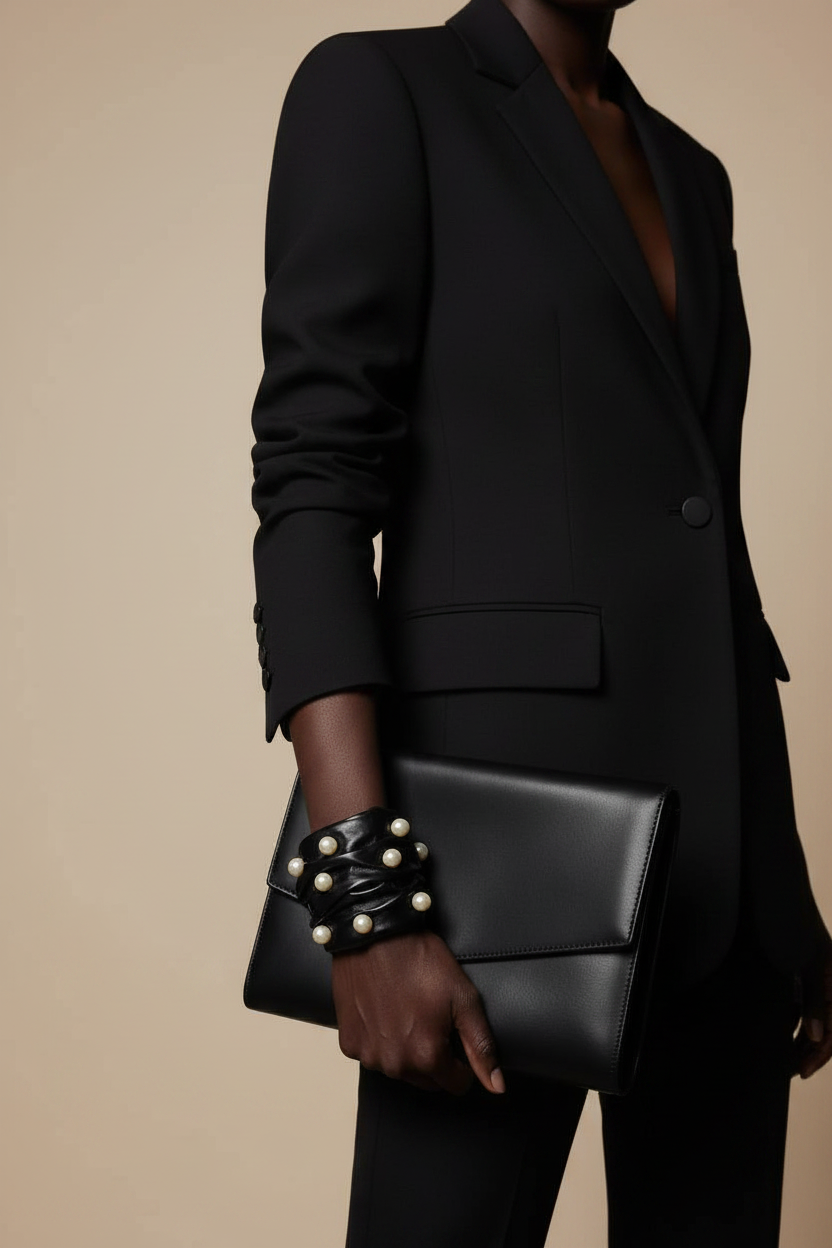 Pearl Leather Statement Cuff Bracelet Black Avant Garde Jewelry: Gift for Her