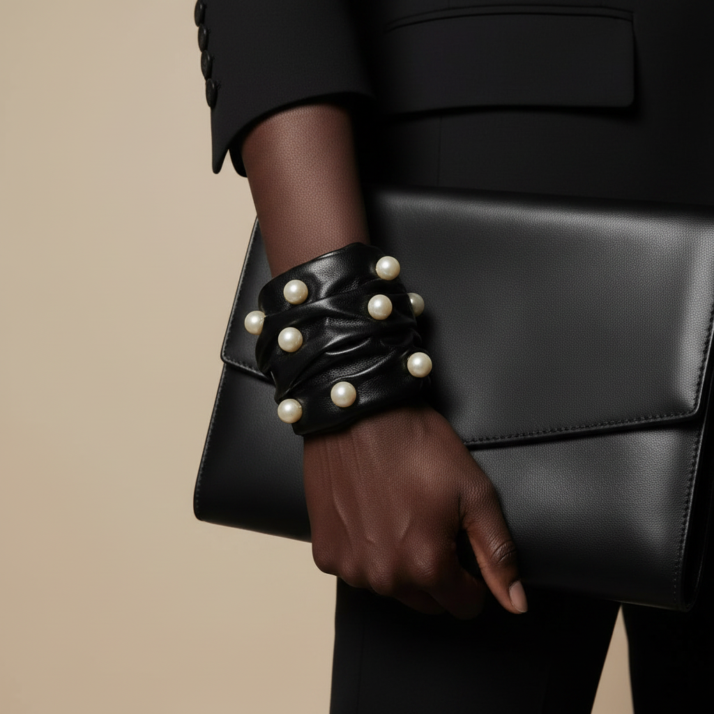 Pearl Leather Statement Cuff Bracelet Black Avant Garde Jewelry: Gift for Her