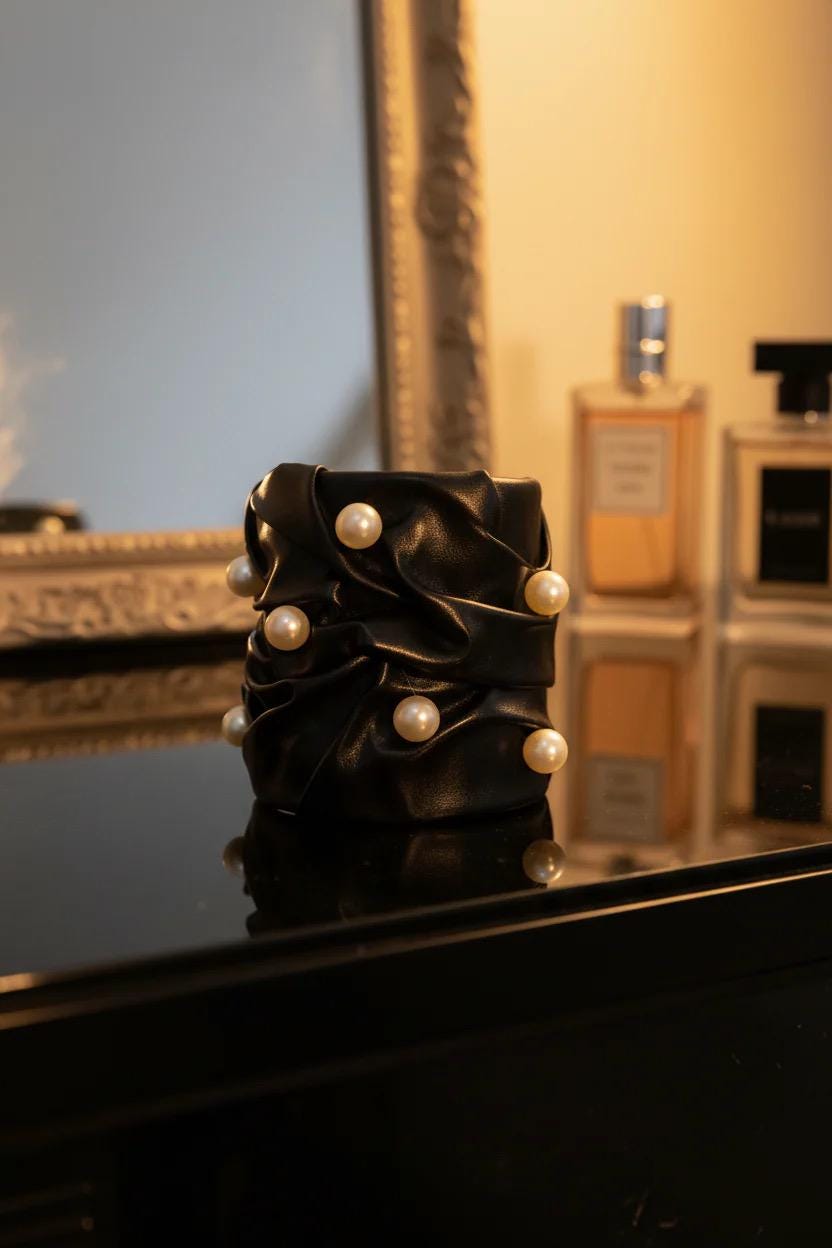 Pearl Leather Statement Cuff Bracelet Black Avant Garde Jewelry: Gift for Her