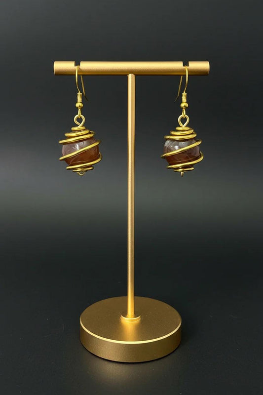 Artisan Agate Spiral Cage Earrings Gold Wire Wrapped Statement Jewelry
