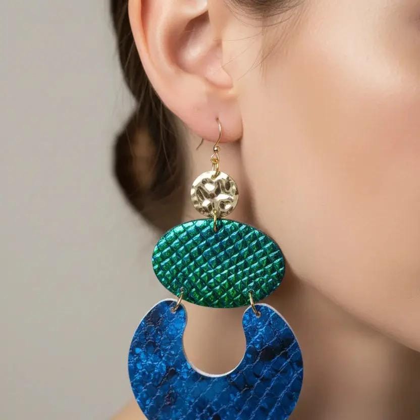 Blue Green Snakeskin Print Earrings: Long Dangle Statement Earrings