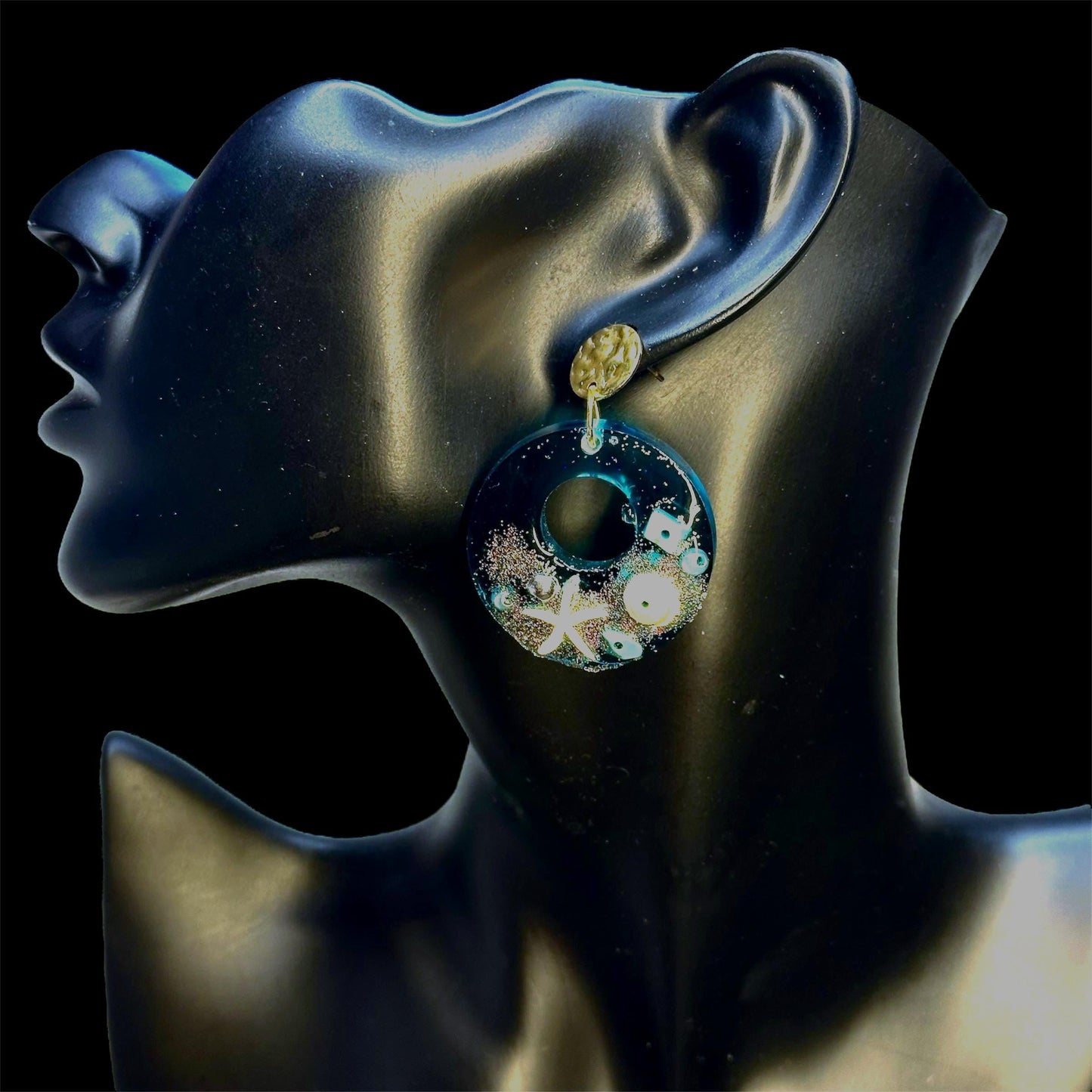 Blue Beach Themed Earrings: Seashell Vacation Statememt Jewelry