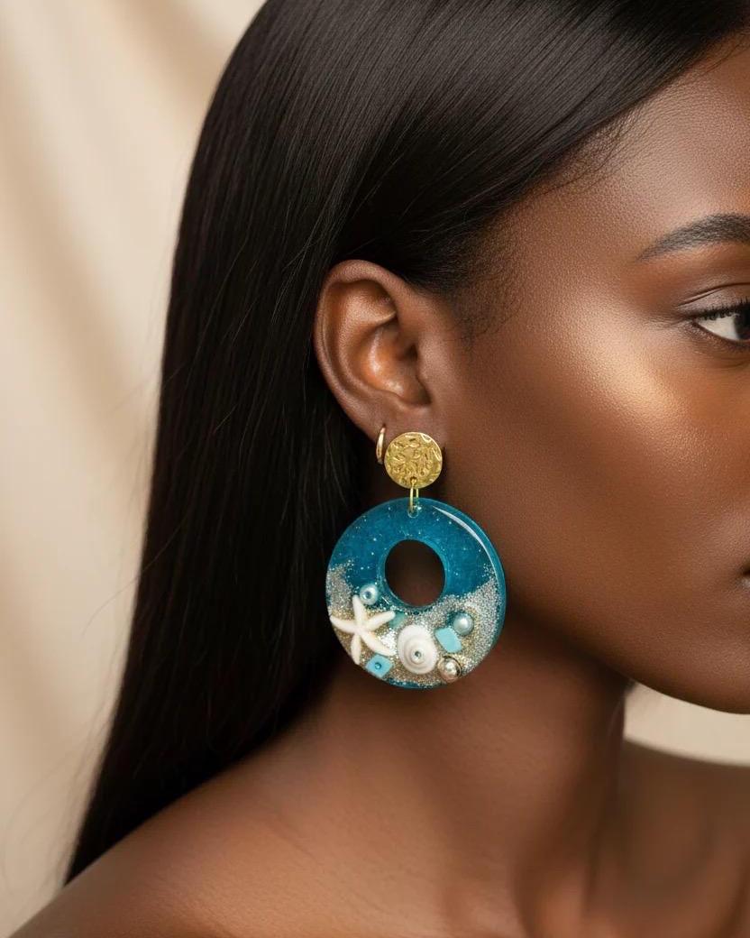 Blue Beach Themed Earrings: Seashell Vacation Statememt Jewelry