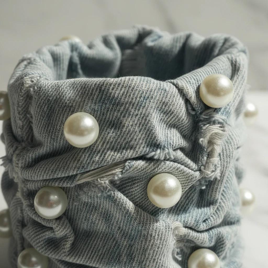 Distressed Chunky Denim Cuff with Pearls | Bold Fashion Statement Bracelet