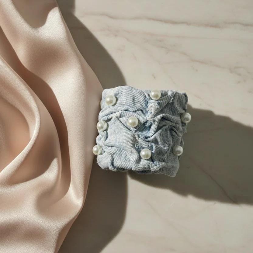 Distressed Chunky Denim Cuff with Pearls | Bold Fashion Statement Bracelet