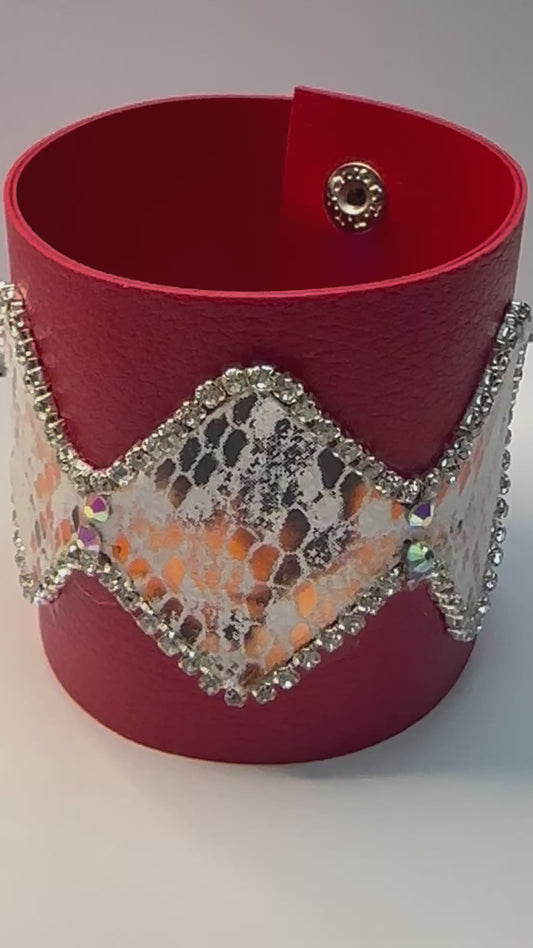 Red Snake Print Embellished Faux Leather Cuff Bracelet