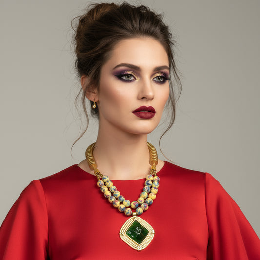 Tribal Pendant Wood Necklace: Yellow Ceramic Beaded Ethnic Chunky Statement Fashion Jewelry